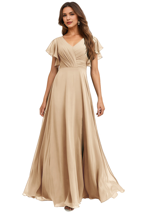 A-line V-Neck Floor-Length Chiffon Bridesmaid Dress With Ruffle