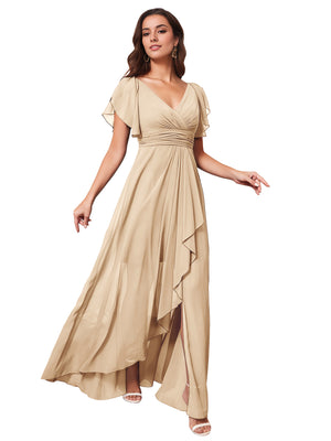 A-line V-Neck Floor-Length Chiffon Bridesmaid Dress With Ruffle