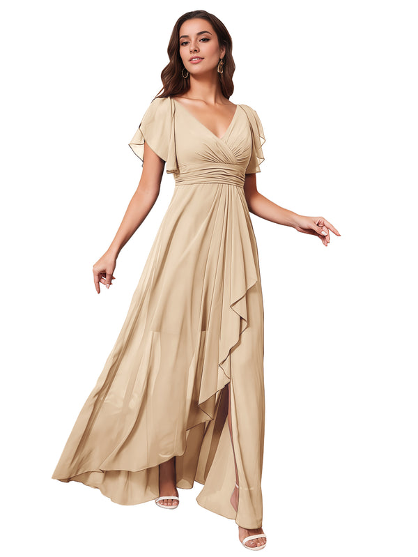 A-line V-Neck Floor-Length Chiffon Bridesmaid Dress With Ruffle