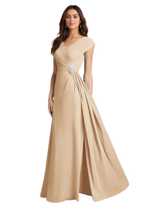 A-line V-Neck Floor-Length Chiffon Mother of the Bride Dress With Pleated Sequins