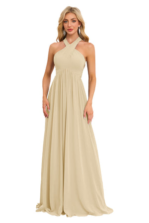 A-line Halter Floor-Length Chiffon Bridesmaid Dress With Ruffle
