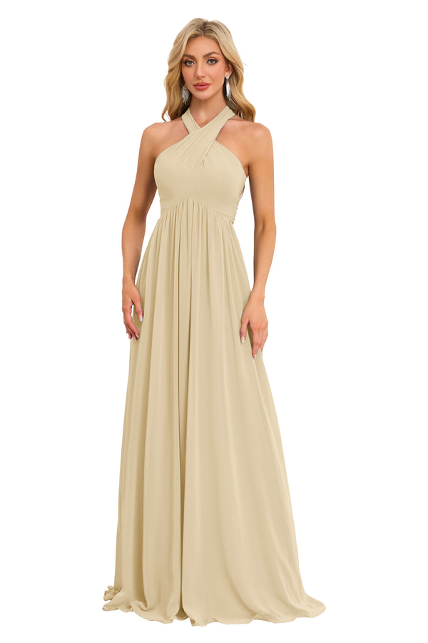 A-line Halter Floor-Length Chiffon Bridesmaid Dress With Ruffle