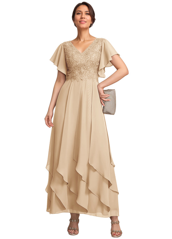 A-line V-Neck Ankle-Length Lace Chiffon Mother of the Bride Dress With Cascading Ruffles