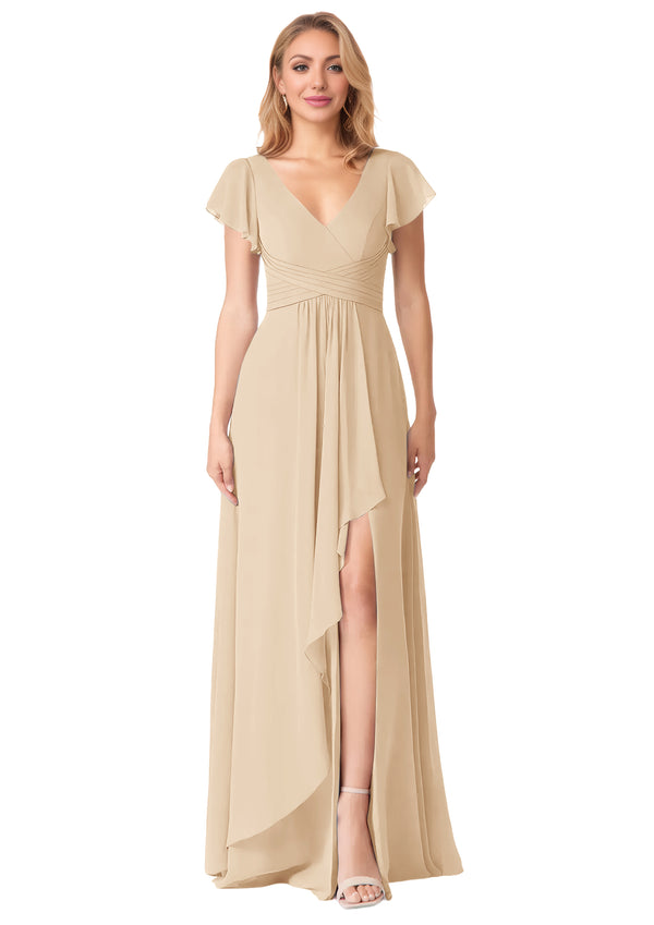 A-line V-Neck Floor-Length Chiffon Bridesmaid Dress With Ruffle