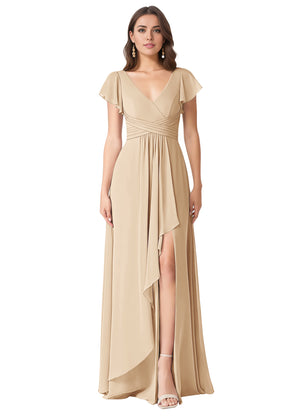 A-line V-Neck Floor-Length Chiffon Bridesmaid Dress With Ruffle