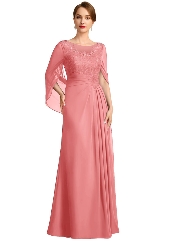 A-line Scoop Illusion Floor-Length Lace Chiffon Mother of the Bride Dress With Sequins Pleated