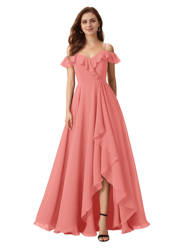 A-line Cold Shoulder Floor-Length Chiffon Bridesmaid Dress With Ruffle