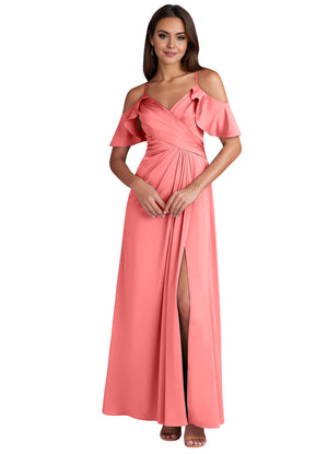 A-line Cold Shoulder Floor-Length Satin Bridesmaid Dress With Ruffle