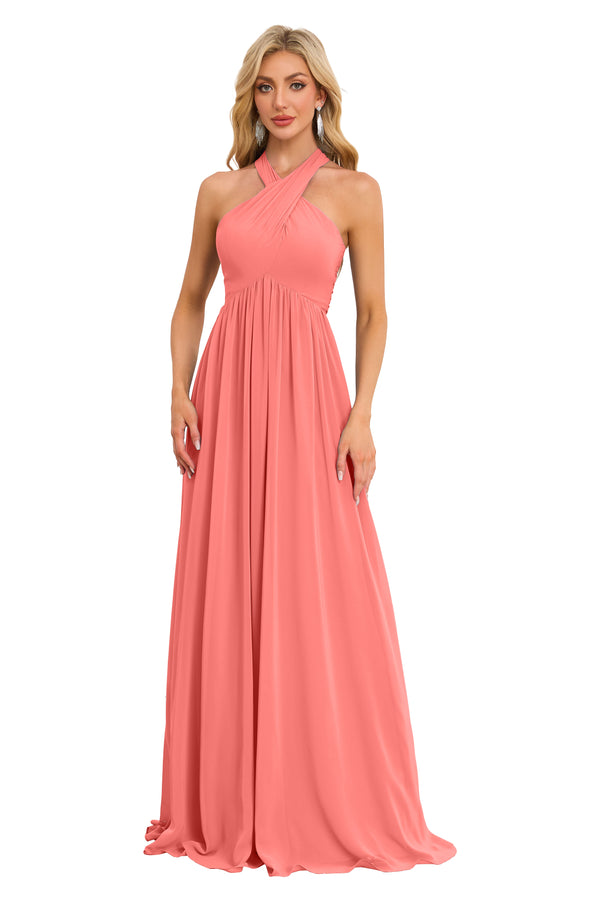 A-line Halter Floor-Length Chiffon Bridesmaid Dress With Ruffle