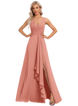 A-line V-Neck Floor-Length Chiffon Bridesmaid Dress with Ruffle