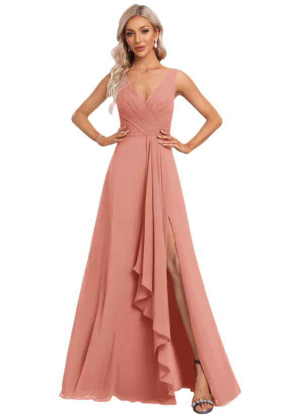 A-line V-Neck Floor-Length Chiffon Bridesmaid Dress with Ruffle