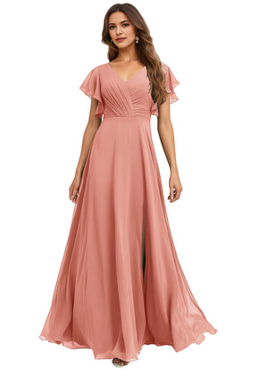 A-line V-Neck Floor-Length Chiffon Bridesmaid Dress With Ruffle