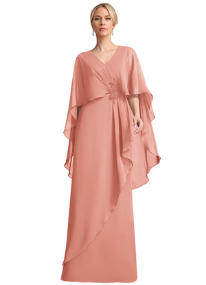 A-line V-Neck Floor-Length Chiffon Mother of the Bride Dress With Cascading Ruffles Beading