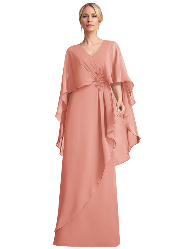 A-line V-Neck Floor-Length Chiffon Mother of the Bride Dress With Cascading Ruffles Beading