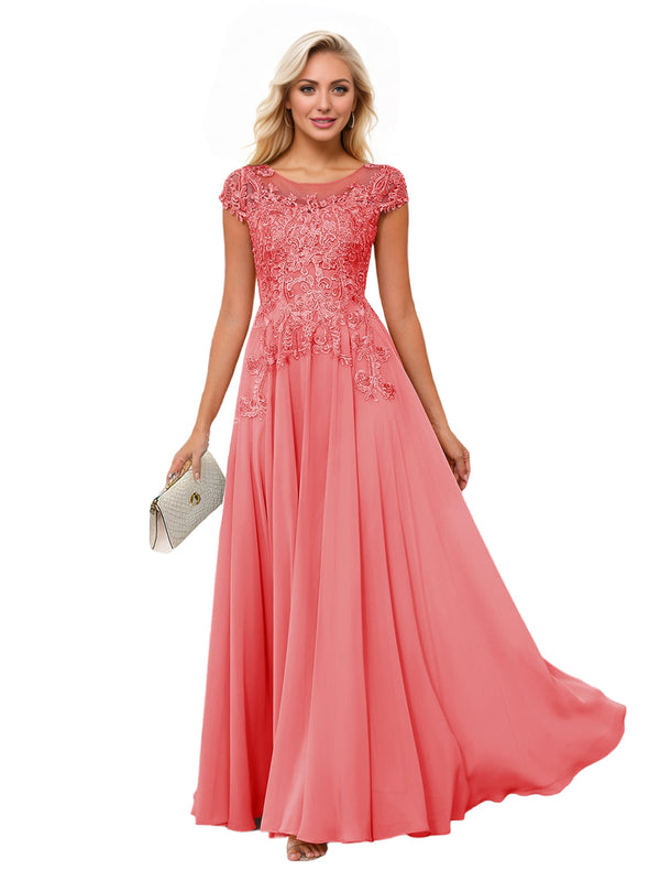 A-line Scoop Illusion Floor-Length Lace Chiffon Mother of the Bride Dress With Sequins