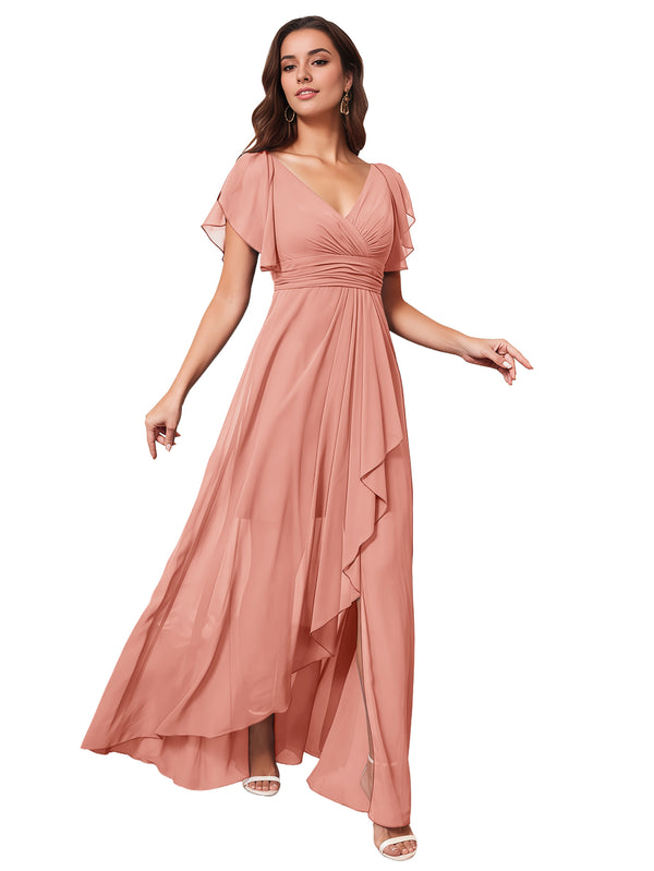 A-line V-Neck Floor-Length Chiffon Bridesmaid Dress With Ruffle