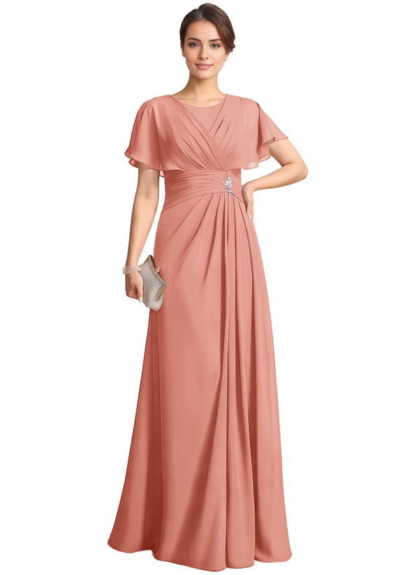 A-line Scoop Floor-Length Chiffon Mother of the Bride Dress With Pleated Beading
