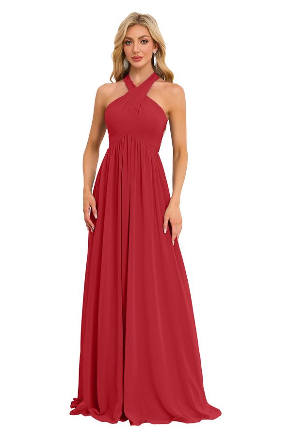 A-line Halter Floor-Length Chiffon Bridesmaid Dress With Ruffle