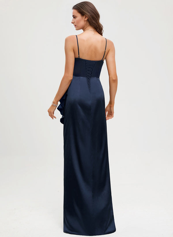Trumpet/Mermaid Cowl Floor-Length Satin Bridesmaid Dress With Ruffle