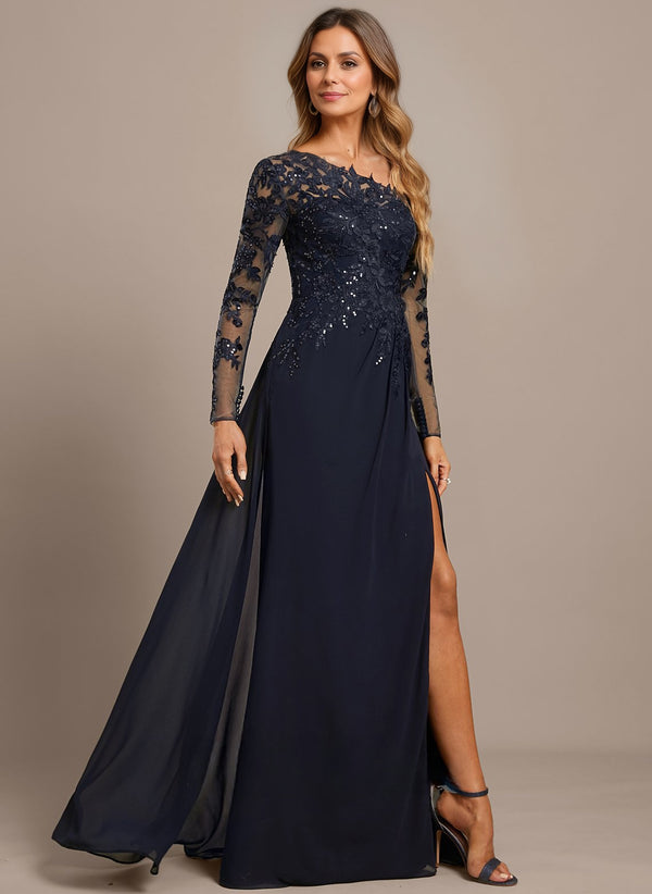Trumpet/Mermaid Asymmetrical Illusion Floor-Length Lace Chiffon Evening Dress With Sequins