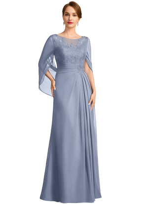 A-line Scoop Illusion Floor-Length Lace Chiffon Mother of the Bride Dress With Sequins Pleated