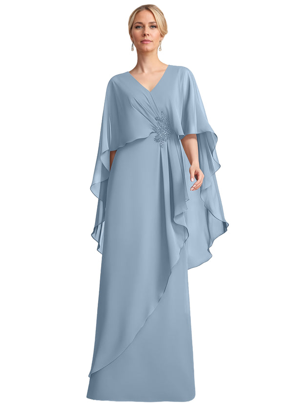 A-line V-Neck Floor-Length Chiffon Mother of the Bride Dress With Cascading Ruffles Beading