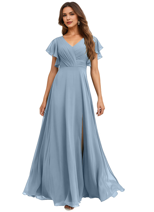 A-line V-Neck Floor-Length Chiffon Bridesmaid Dress With Ruffle