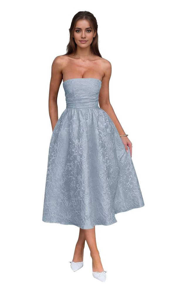 A-Line Strapless Tea-Length Jacquard Prom Dresses