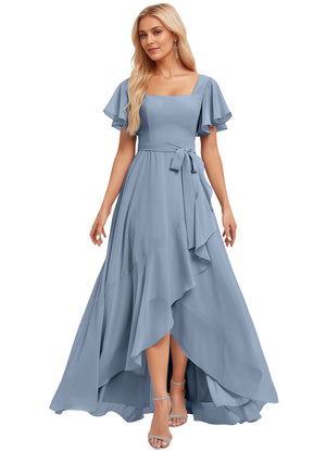 A-line Square-Neck Floor-Length Chiffon Bridesmaid Dress With Ruffle