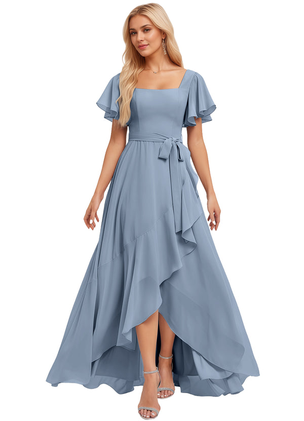 A-line Square-Neck Floor-Length Chiffon Bridesmaid Dress With Ruffle