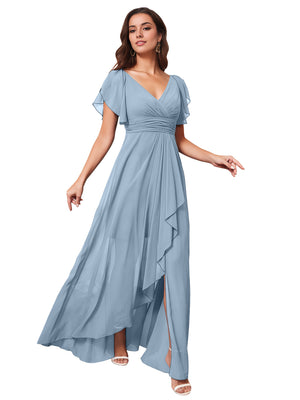 A-line V-Neck Floor-Length Chiffon Bridesmaid Dress With Ruffle