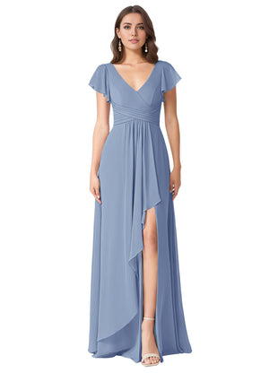 A-line V-Neck Floor-Length Chiffon Bridesmaid Dress With Ruffle