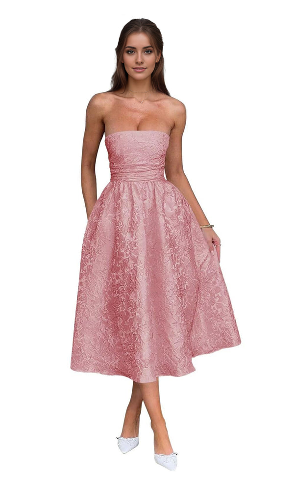 A-Line Strapless Tea-Length Jacquard Prom Dresses