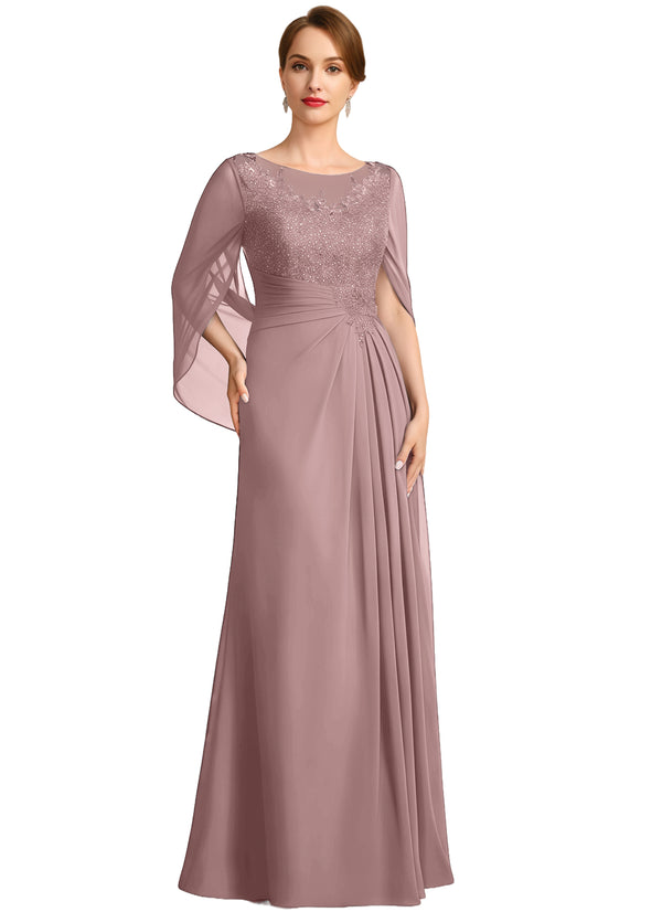A-line Scoop Illusion Floor-Length Lace Chiffon Mother of the Bride Dress With Sequins Pleated