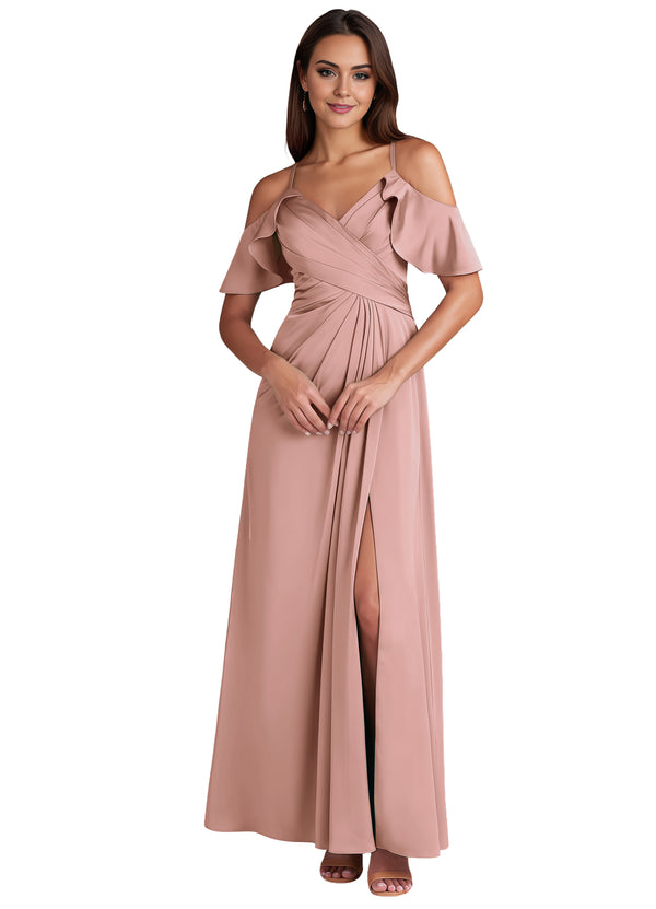 A-line Cold Shoulder Floor-Length Satin Bridesmaid Dress With Ruffle
