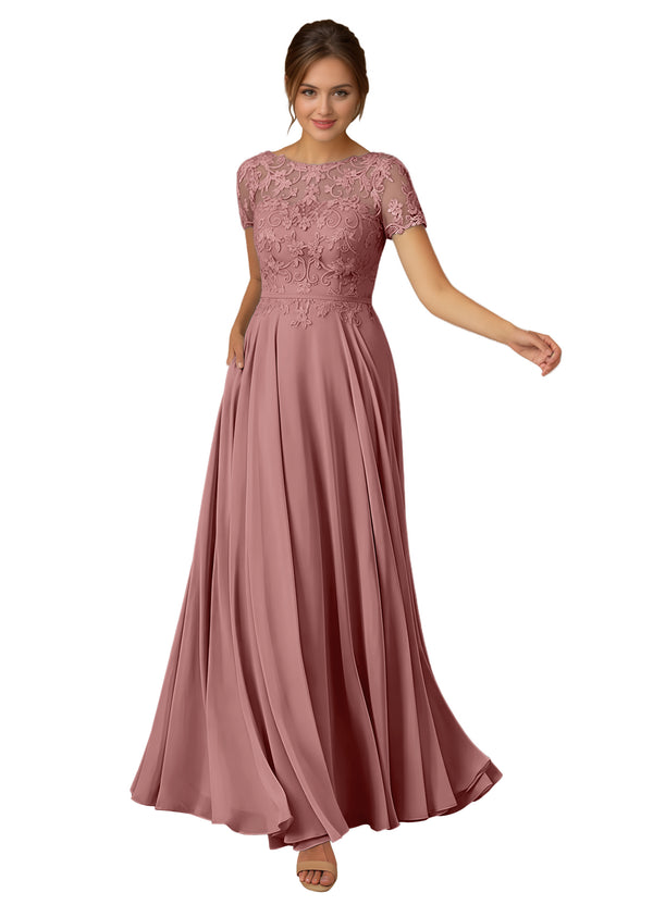 A-line Scoop Illusion Floor-Length Lace Chiffon Mother of the Bride Dress With Sequins