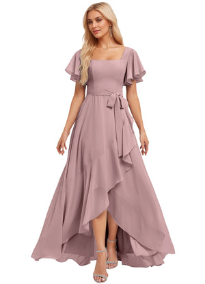 A-line Square-Neck Floor-Length Chiffon Bridesmaid Dress With Ruffle