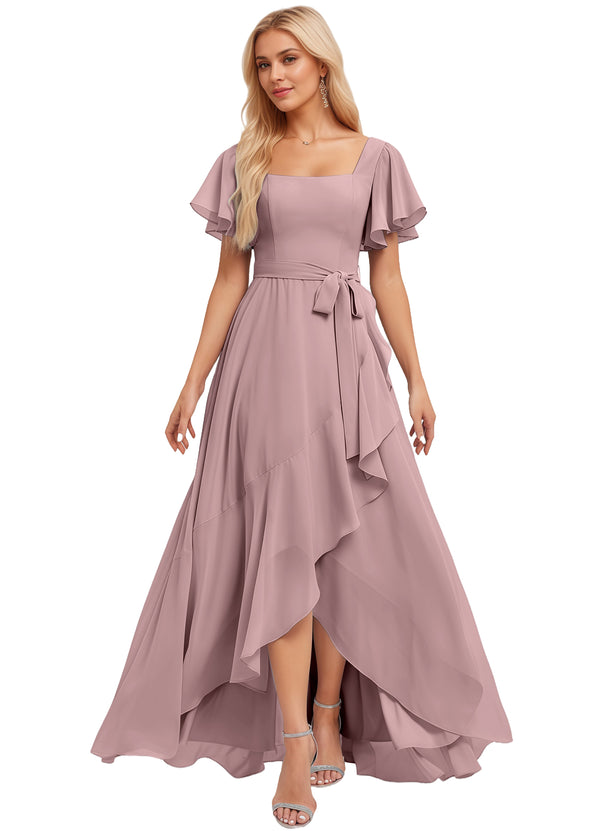 A-line Square-Neck Floor-Length Chiffon Bridesmaid Dress With Ruffle