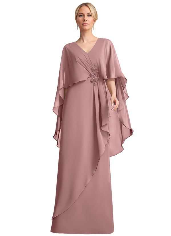 A-line V-Neck Floor-Length Chiffon Mother of the Bride Dress With Cascading Ruffles Beading