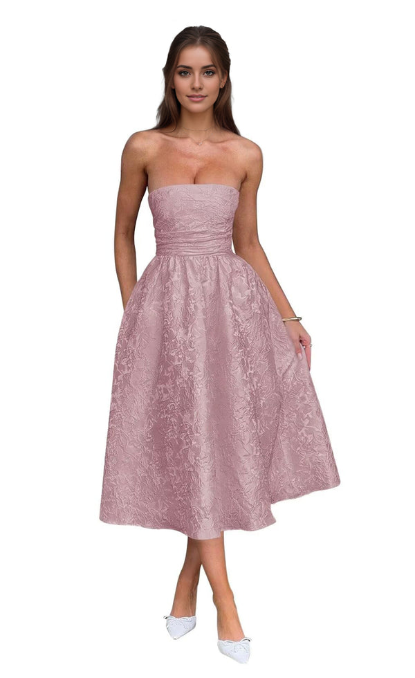 A-Line Strapless Tea-Length Jacquard Prom Dresses