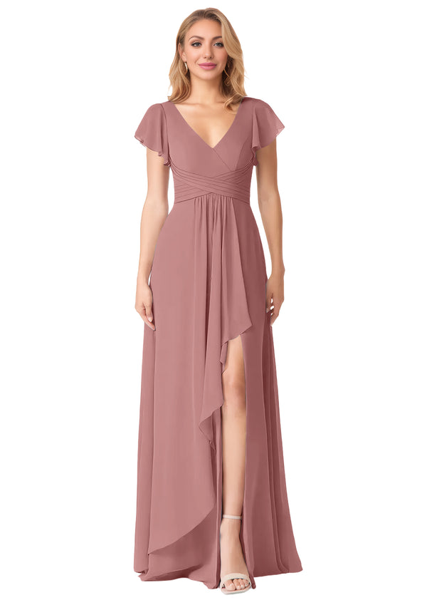 A-line V-Neck Floor-Length Chiffon Bridesmaid Dress With Ruffle