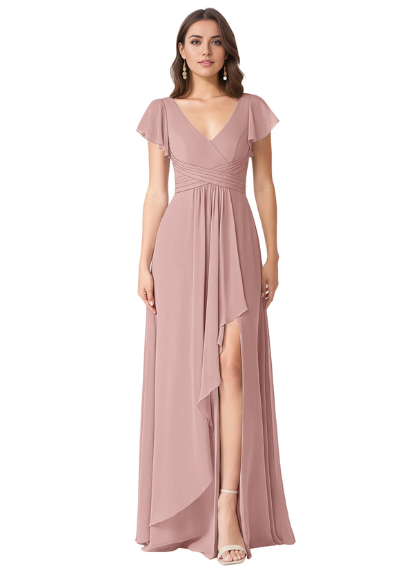 A-line V-Neck Floor-Length Chiffon Bridesmaid Dress With Ruffle