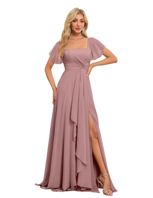 A-line Square Asymmetrical Chiffon Bridesmaid Dress