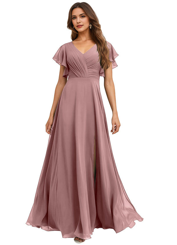 A-line V-Neck Floor-Length Chiffon Bridesmaid Dress With Ruffle
