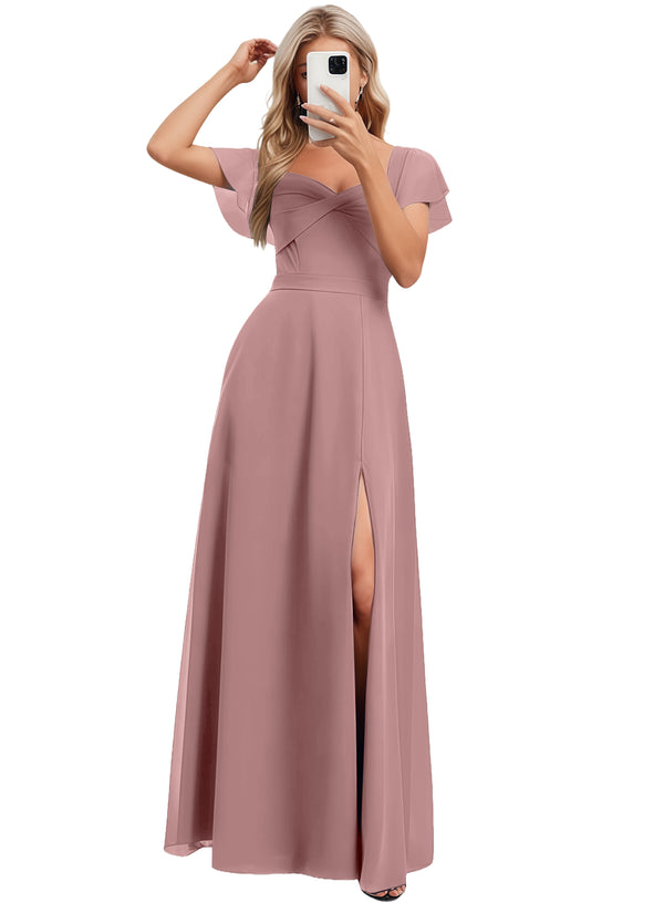 A-line V-Neck Floor-Length Chiffon Bridesmaid Dress With Ruffle
