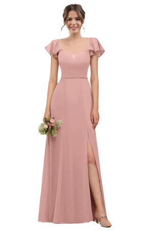 A-line V-Neck Floor-Length Chiffon Bridesmaid Dress With Ruffle