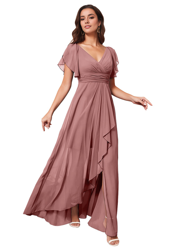 A-line V-Neck Floor-Length Chiffon Bridesmaid Dress With Ruffle