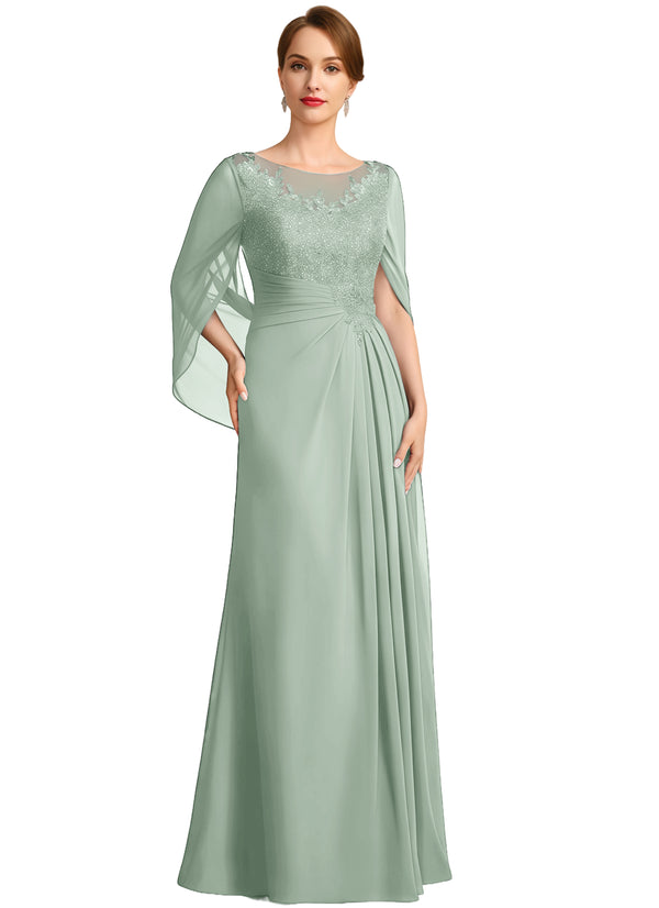A-line Scoop Illusion Floor-Length Lace Chiffon Mother of the Bride Dress With Sequins Pleated