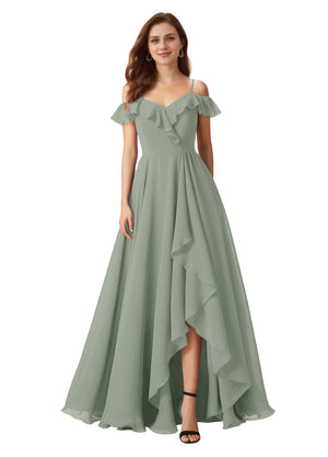 A-line Cold Shoulder Floor-Length Chiffon Bridesmaid Dress With Ruffle