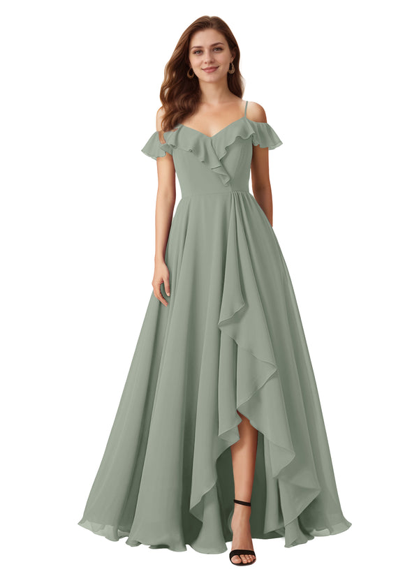A-line Cold Shoulder Floor-Length Chiffon Bridesmaid Dress With Ruffle